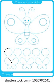 Butterfly. Preschool worksheet for practicing fine motor skills - tracing dashed lines. Tracing Worksheet.  Illustration and vector outline - A4 paper ready to print.