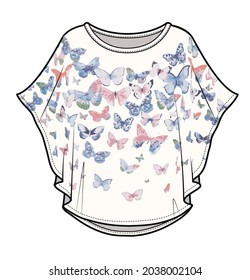 BUTTERFLY PRINT KNIT PONCHO TOP FOR KID GIRLS AND TEEN GIRLS IN EDITABLE VECTOR FILE