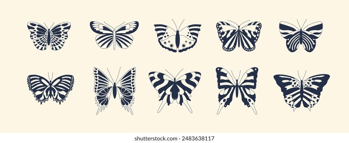 Butterfly psychedelic doodle vector illustration collection. Butterflies trippy tattoo set. Y2K aesthetic stickers. Wild nature monochrome various shapes insects.