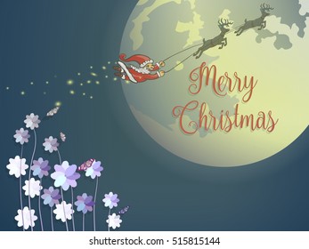  Butterfly and purple flower with flying santa and deer against big full moon on blue background