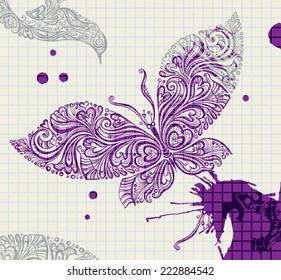 Butterfly purple ink. Butterfly painted in purple ink on the background of the notebook. 