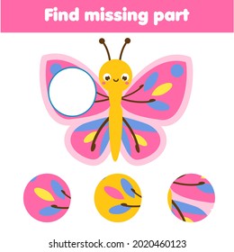 Butterfly puzzle for toddlers. Find missing part of picture. Educational children game, kids activity