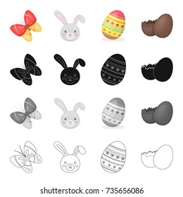 Butterfly, rabbit face, Easter egg, chocolate shell. Easter set collection icons in cartoon black monochrome outline style vector symbol stock isometric illustration web.