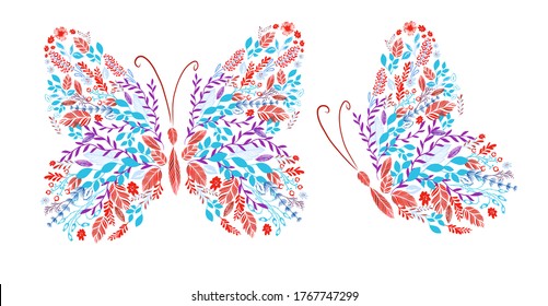 Mariposa de flores rojas y azules. Ilustración del vector