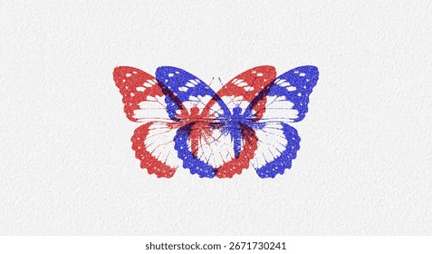Borboleta com efeito de superimposição vermelho e azul no plano de fundo da textura do papel. Meio-tom ou ponto. Design moderno para cartaz e capa. Efeito de fotocópia retrô. Ilustração vetorial
