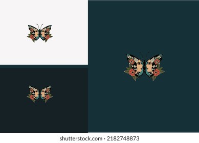 butterfly and red flowers vector illustration design