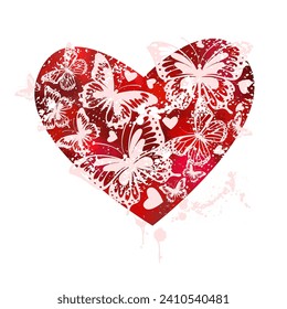 Butterfly red hearts. Happy Valentine's Day. hand drawing. Not AI, Vector illustration