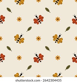 Butterfly red and yellow cartoon so cute. On flower leaf background. Pattern seamless vector illustration. 