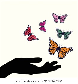 butterfly release from hand. hand and butterfly vector art