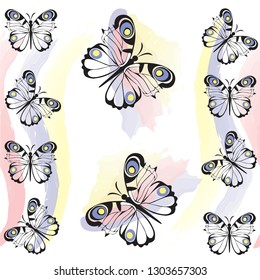 butterfly, repeating several times is a pattern. background serve brushstrokes of watercolor. hand vector.