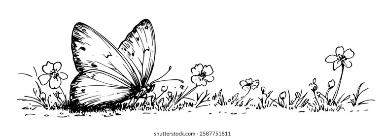 butterfly resting on flowers in hand-drawn line art style