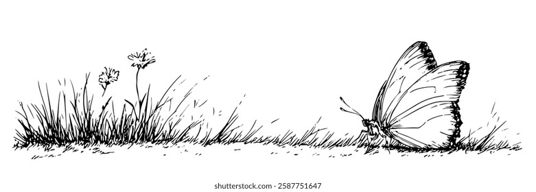 butterfly resting on grass in hand-drawn line art style