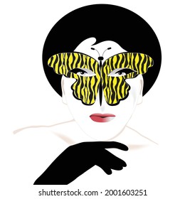 A butterfly rests like a mask on the face of a beautiful woman in a surreal illustration.