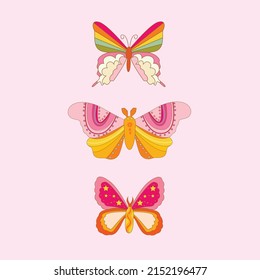 Butterfly Retro 70s 60s Groovy Hippie vector illustration set isolated on white. Boho Summer retro colours butterflies print collection for tee shirt or fashion fabric.