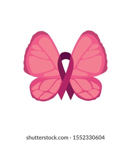 butterfly with ribbon of the fight cancer against breast vector illustration design