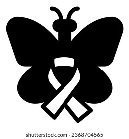 Butterfly and Ribbon solid icon, World cancer day concept, Breast cancer support poster sign on white background, butterfly awareness ribbon icon in glyph style. Vector graphics