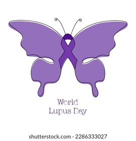 Butterfly with a ribbon as a symbol of the disease lupus. World Lupus Day. Color illustration in purple tones. One line vector drawing for different uses. Vector illustration