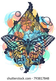 Butterfly, rose, and universe color tattoo, geometrical style. Beautiful Swallowtail boho t-shirt design. Mystical symbol of freedom, nature, tourism 