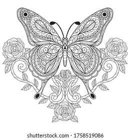 Butterfly with rose.
Zentangle stylized cartoon isolated on white background. 
Hand drawn sketch illustration for adult coloring book. 
