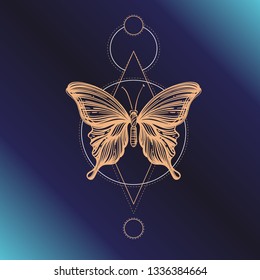 Butterfly with sacred geometry symbols. Outline vector illustration on dark blue background for tattoos, posters, engraving and much more.