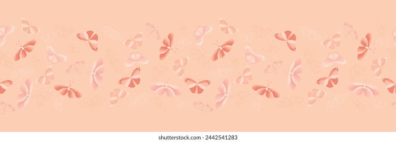 Borde sin costuras de mariposa con color melocotón. Lindo borde sin fin para la decoración del hogar, diseño interior, ropa de mujer, ropa interior, tarjeta u otro uso. Ilustración vectorial. No se creó IA.