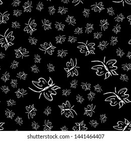 Butterfly seamless outline vector in line art style on black background. Line art butterfly. Cartoon animals. Simple design seamless pattern. Exotic wallpaper. Abstract pattern.