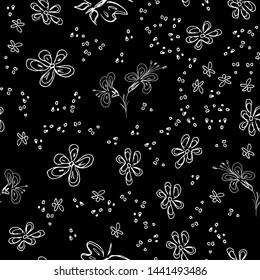 Butterfly seamless outline vector in line art style on black background. Line art butterfly. Cartoon animals, flowers and dots. Simple design seamless pattern. Exotic wallpaper. Abstract pattern.