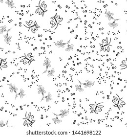 Butterfly seamless outline vector in line art style on white background. Line art butterfly. Cartoon animals, flowers and dots. Simple design seamless pattern. Exotic wallpaper. Abstract pattern.