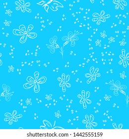 Butterfly seamless outline vector in line art style on blue background. Line art butterfly. Cartoon animals, flowers and dots. Simple design seamless pattern. Exotic wallpaper. Abstract pattern.