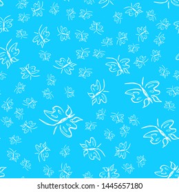 Butterfly seamless outline vector in line art style on blue background. Line art butterfly. Cartoon animals. Simple design seamless pattern. Exotic wallpaper. Abstract pattern.