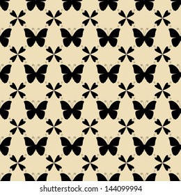 Butterfly seamless pattern. Black butterflies on a beige background.
