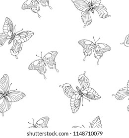 Butterfly seamless pattern. Black lines on white background. Vector illustration.
