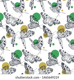Butterfly seamless pattern in black and white with green bright dots. Tropical paradise 