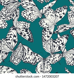 Butterfly seamless pattern in black and white on deep turquoise  background. Tropical paradise 