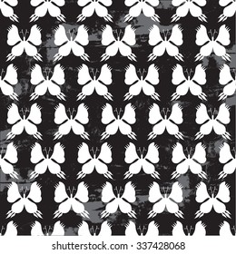 Butterfly Seamless Pattern - Black and White on Grunge Background