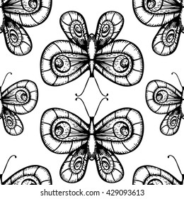 Butterfly seamless pattern. Black and white butterflies. Butterfly background.
