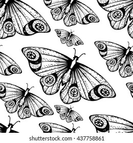 Butterfly seamless pattern. Black and white butterflies. Monochrome background.
