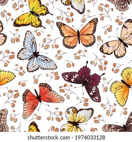 Butterfly seamless pattern. Butterflies and flowers, adorable spring or summer fabric, wallpaper graphic vector repeating texture. Flying beautiful colorful insects and plants design