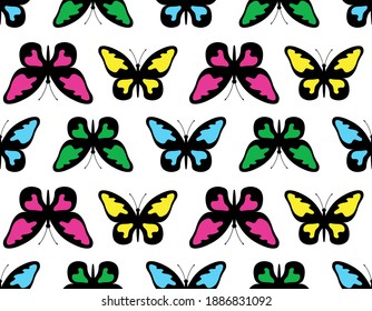 patrón sin soldadura de mariposa, insectos coloridos aislados en fondo blanco, ilustración vectorial 