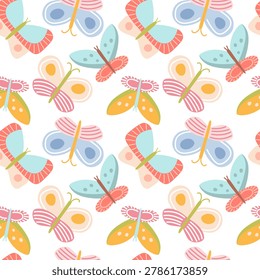Butterfly seamless pattern. Cute colorful insect background for baby nursery wallpaper, kids fabric print, textile, pastel gift wrap design.
