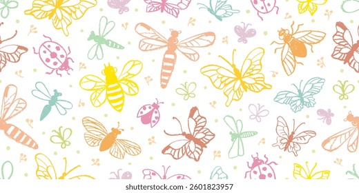 Butterfly seamless pattern. Cute floral spring vector background. Crayon buttefly, dragonfly, flower. Summer and spring watercolor seamless print. Cute pastel chalk design bg. Vintage insect pattern