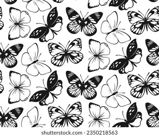 Butterfly Seamless Pattern. Decorative Fly Insect Background. Black and White Botanical Texture for Textile, Wallpaper, Fabric Print, Bedding.