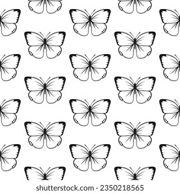 Butterfly Seamless Pattern. Decorative Fly Insect Background. Black and White Botanical Texture for Textile, Wallpaper, Fabric Print, Bedding.