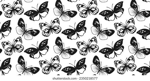 Butterfly Seamless Pattern. Decorative Fly Insect Background. Black and White Botanical Texture for Textile, Wallpaper, Fabric Print, Bedding.