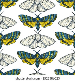 Butterfly seamless pattern. Engraving design. Hand drawn vector illustration. Butterfly sketch, vintage background. Death's head hawk moth seamless pattern.