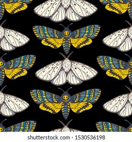 Butterfly seamless pattern. Engraving design. Hand drawn vector illustration. Butterfly sketch, vintage background. Death's head hawk moth seamless pattern.