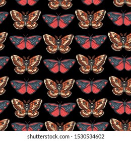 Butterfly seamless pattern. Fabric design. Hand drawn vector illustration. Butterfly vintage background. Cinnabar moth seamless pattern. 