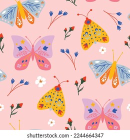 Butterfly seamless pattern with floral elements. Spring pattern background in pastel color for fabric, paper, scrapbooking etc.