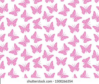 Butterfly seamless pattern. Flying insects background, cute butterflies silhouette icons for kids decor, spring wallpaper. Pink, white color.