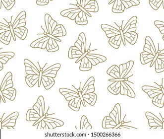 Butterfly seamless pattern. Flying insects background, cute butterflies flat line icons for kids decor, spring wallpaper. Gold, white color.